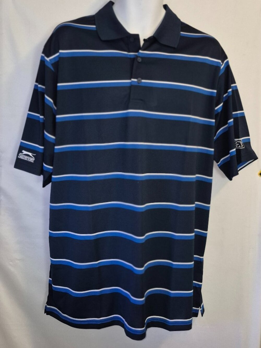 Slazenger Polo/golf Shirt, Dark Blue w/ light blue and white stripes, LG. NWT